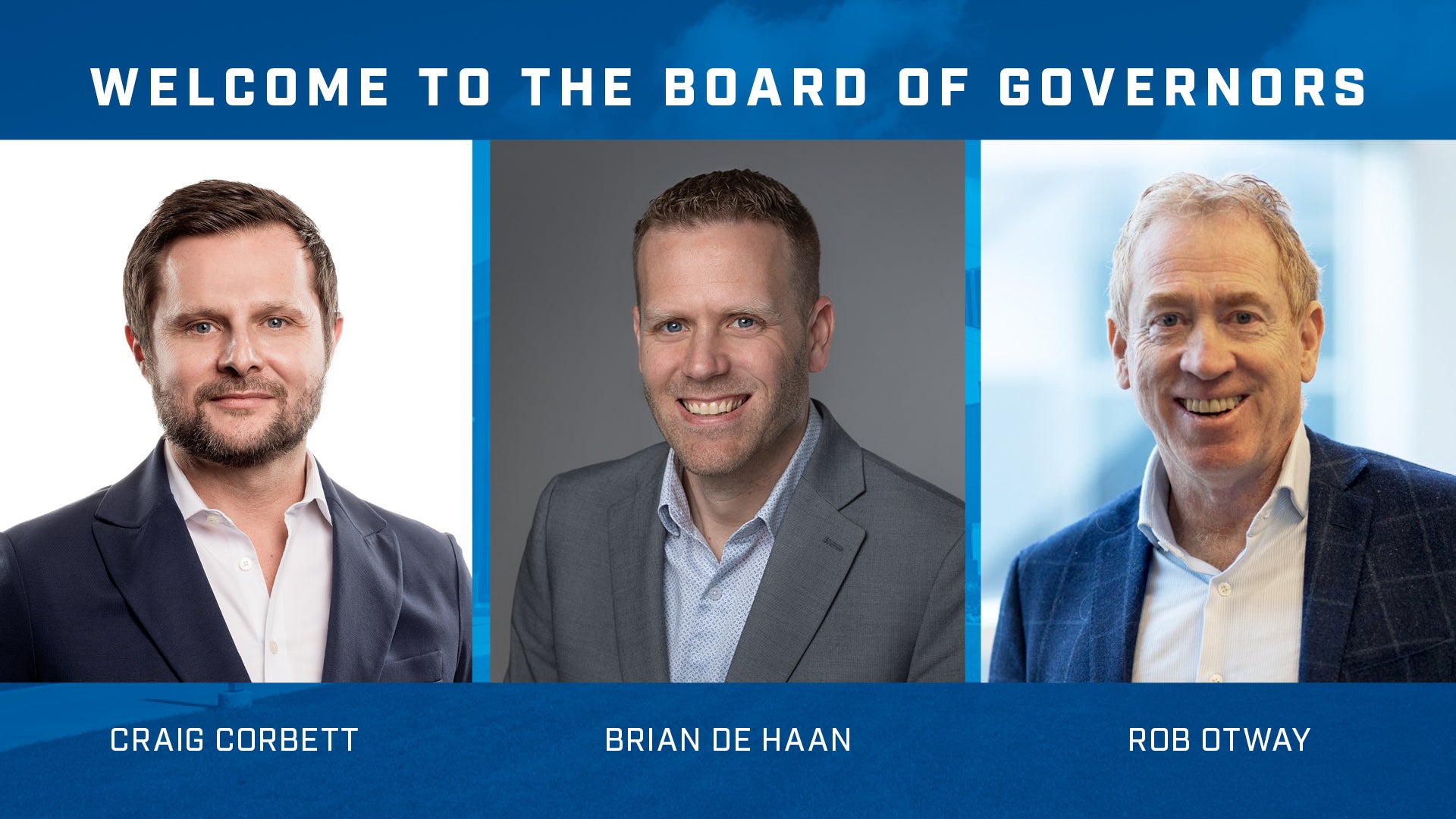 Graphic welcoming new Board of Governors public members, featuring three professional headshots displayed side by side above a blue banner.