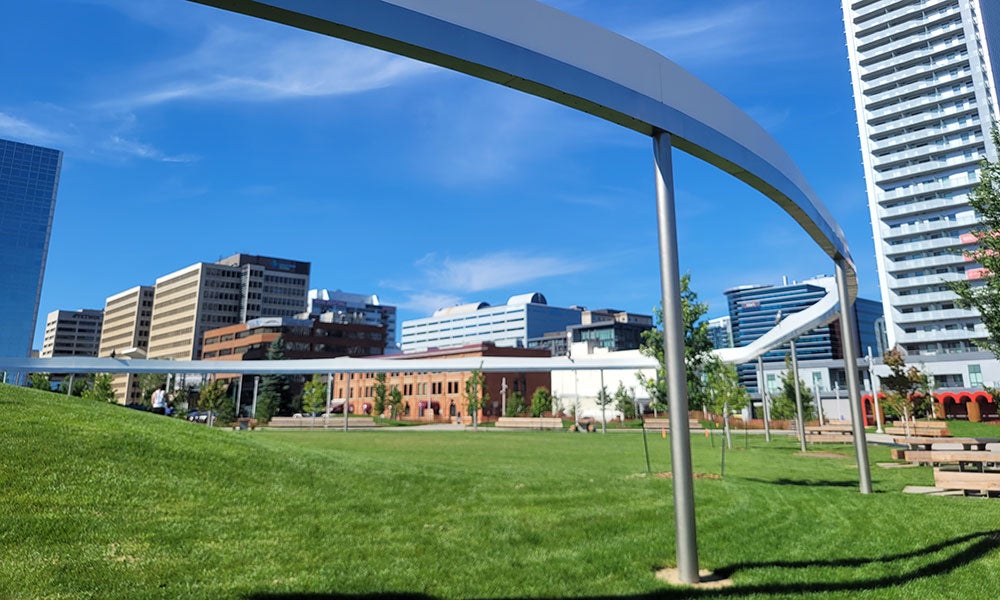 Curved elevated metal structure spanning a landscaped urban park with open green lawns, benches, and surrounding downtown high-rise buildings under a bright blue sky.