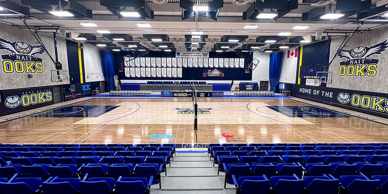 A basketball court with blue seats A basketball court with blue seats