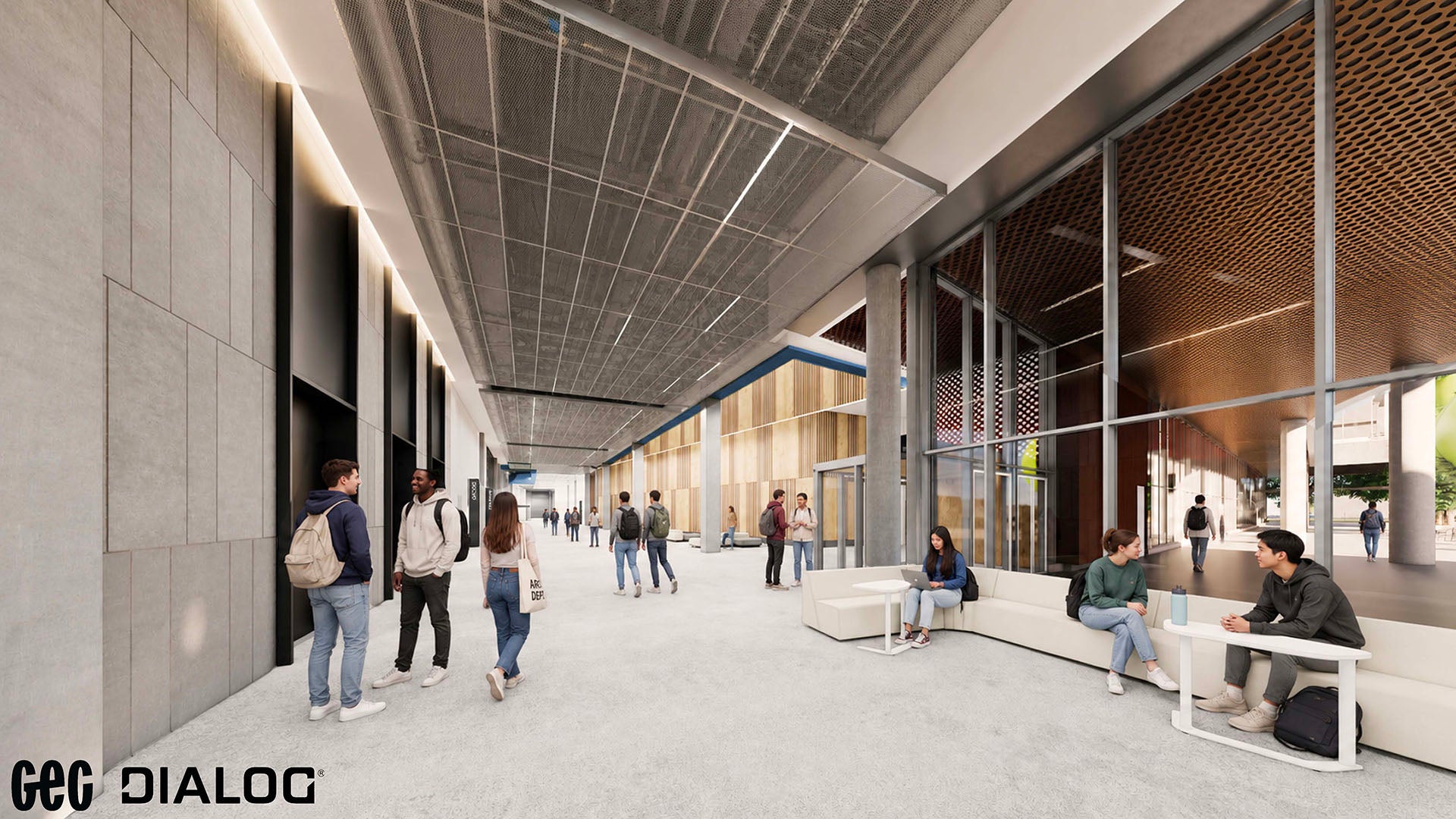 Interior rending of the NAIT Advanced Skills Centre showing students in a large hallway.