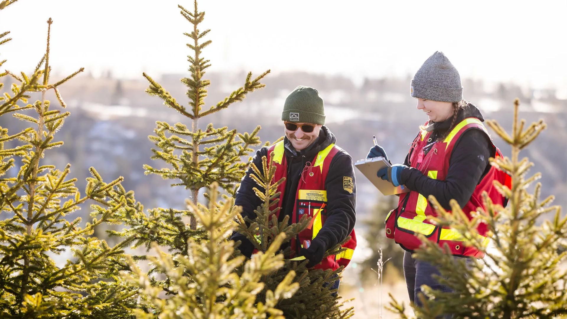 Two forest technology students wearing high visibility vests standing in a treed area.