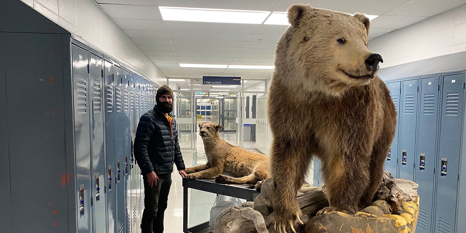 A man standing next to a stuffed bear A man standing next to a stuffed bear