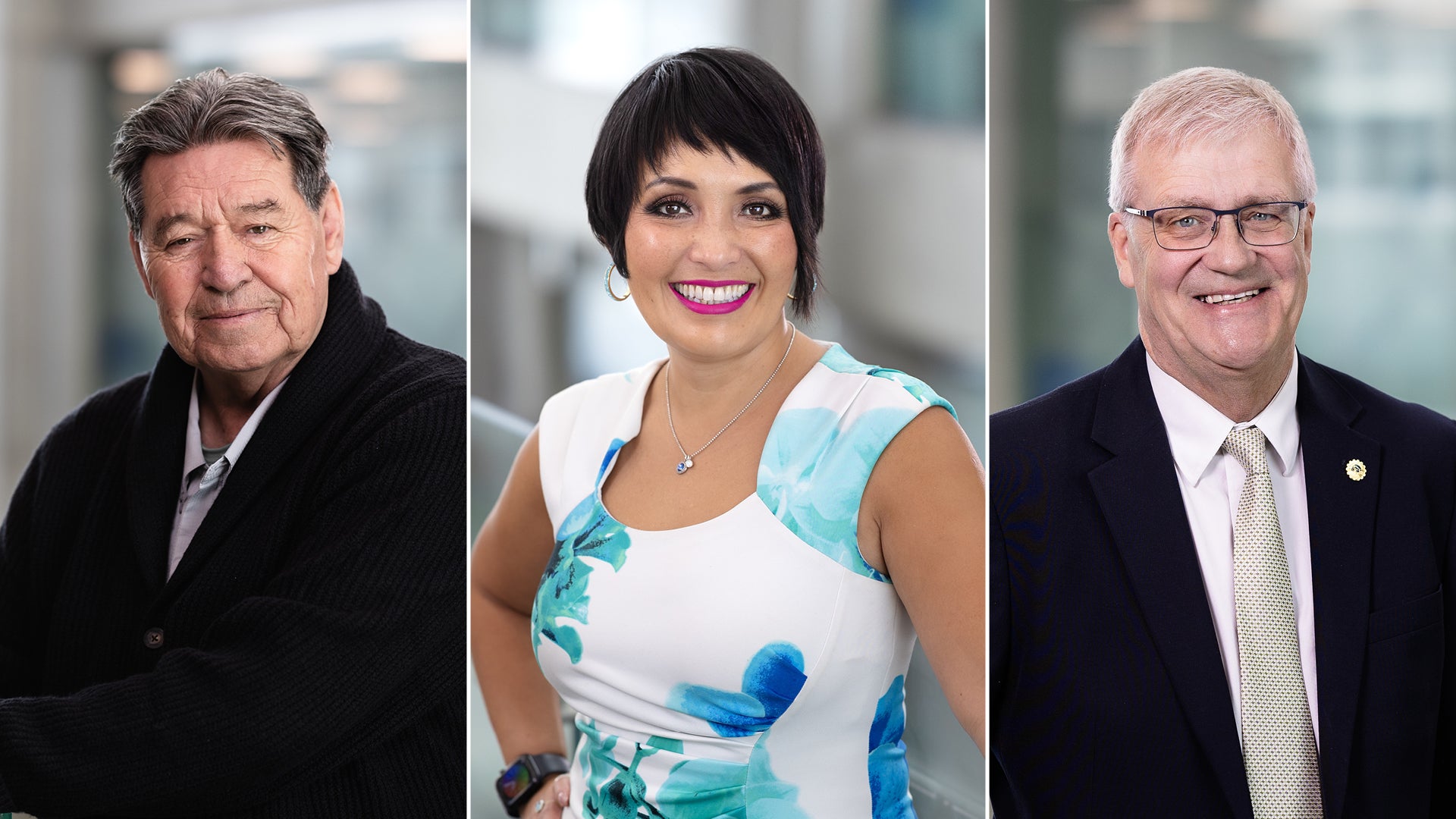 Composite image of three professional headshot portraits side by side against soft, blurred backgrounds. Composite image of three professional headshot portraits side by side against soft, blurred backgrounds.