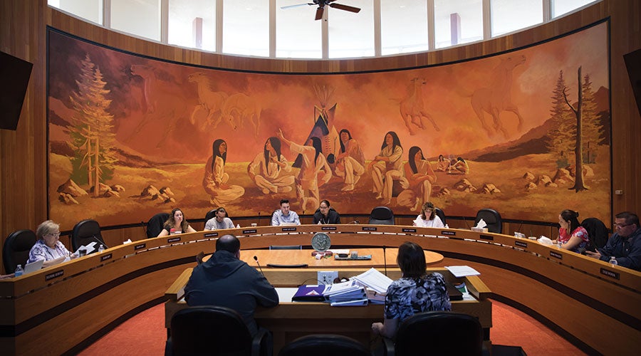 A group of people sitting around a round table in a room with a mural on the wall