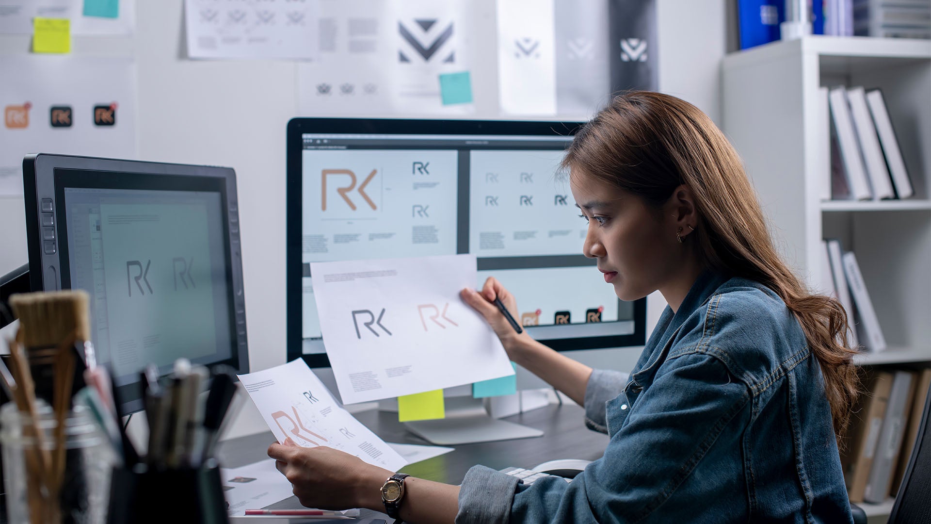 A woman working at a desk, reviewing printed logo designs in front of two monitors.