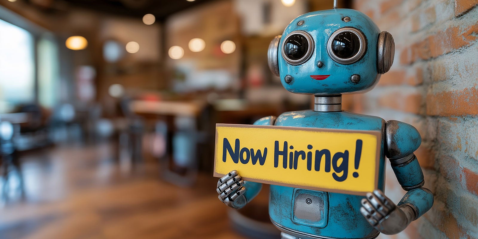 A blue robot holding a sign A blue robot holding a sign