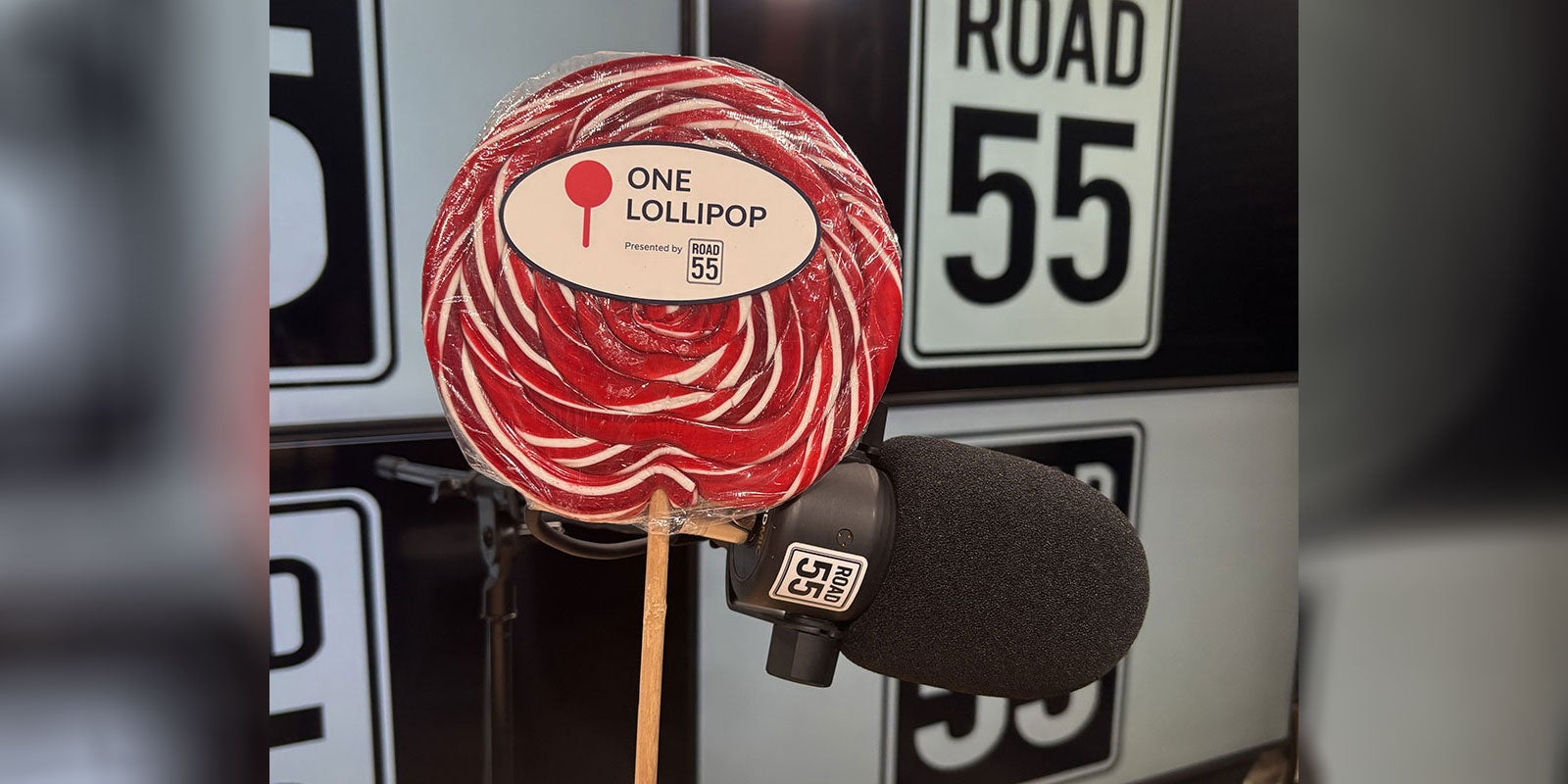 A red and white lollipop on a stick next to a microphone A red and white lollipop on a stick next to a microphone