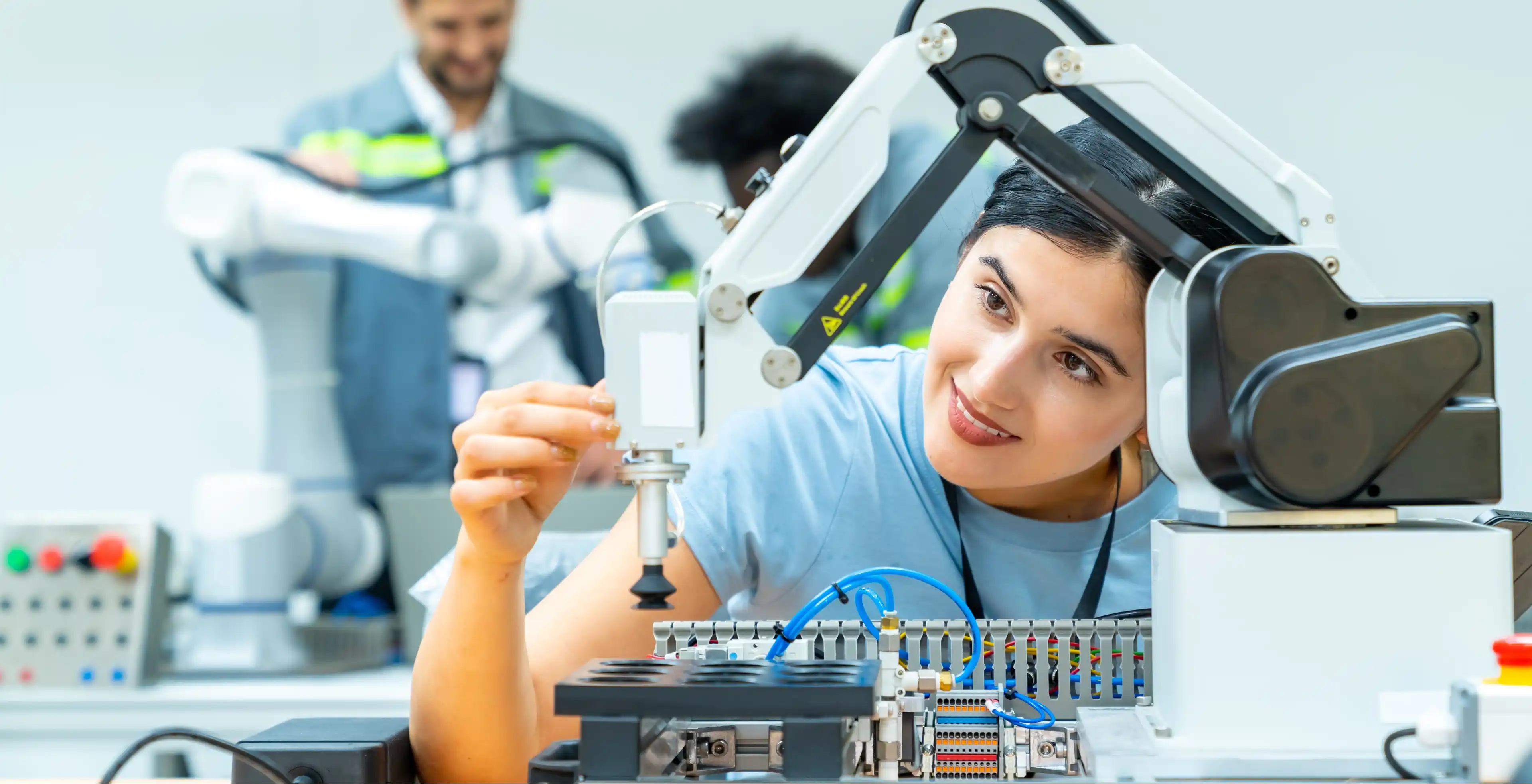 Female engineer working in a lab on a robotic arm