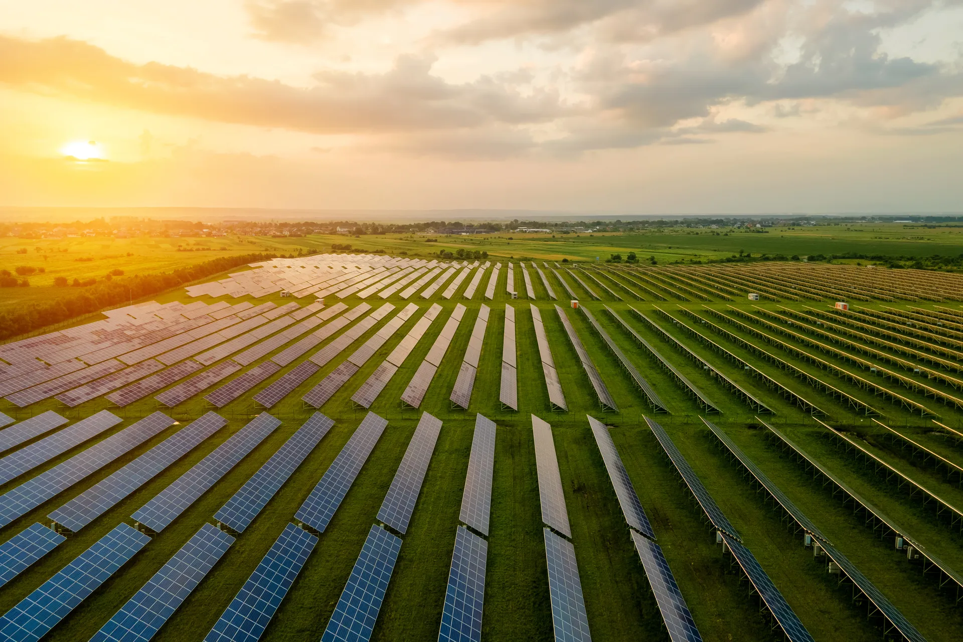 Aerial view of large solar panel plant.