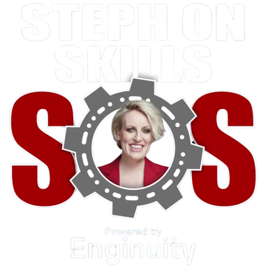 Steph on Skills podcast logo powered by Enginuity on a transparent background