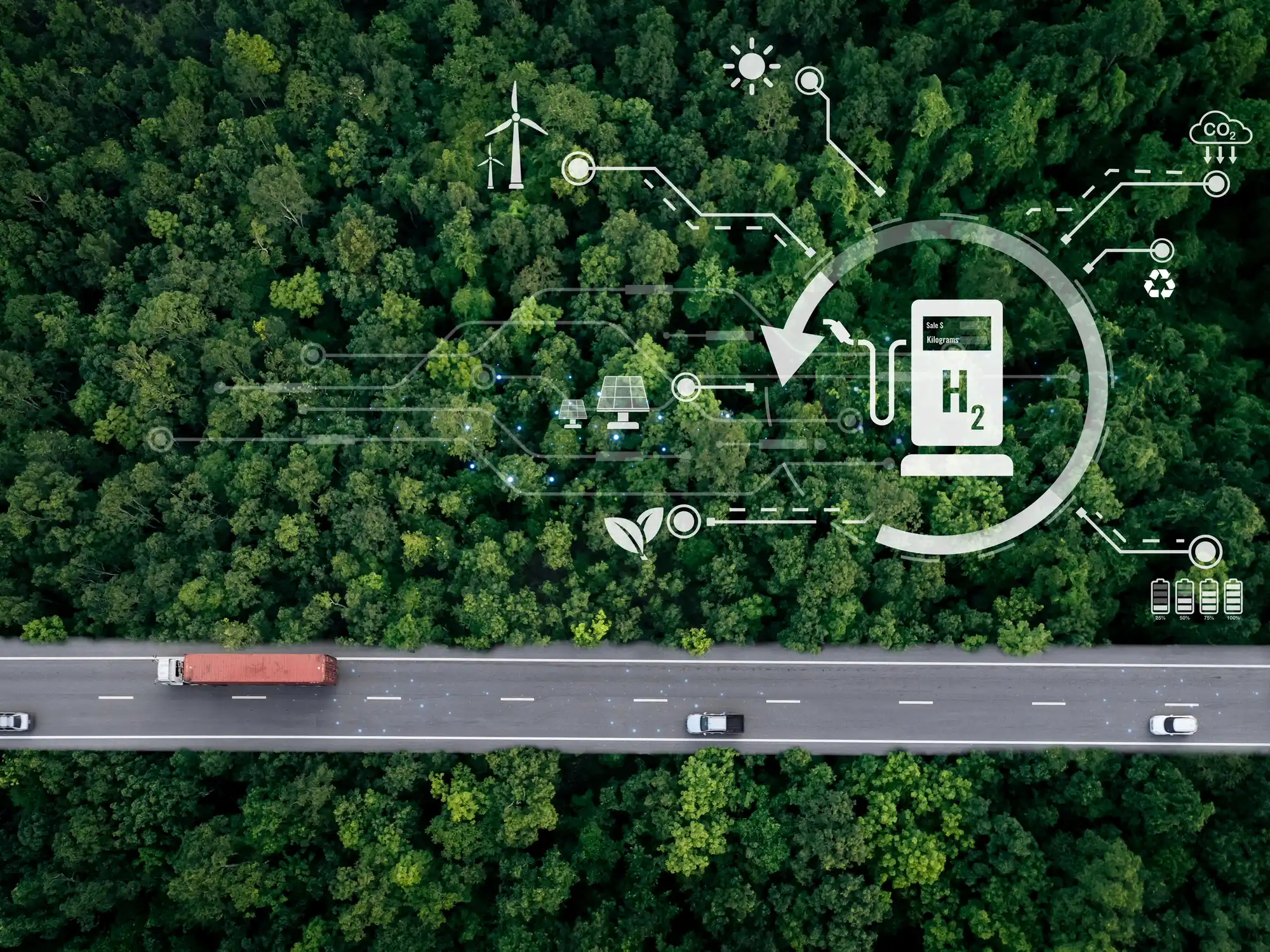 Green hydrogen image with trees and hydrogen powered cars.