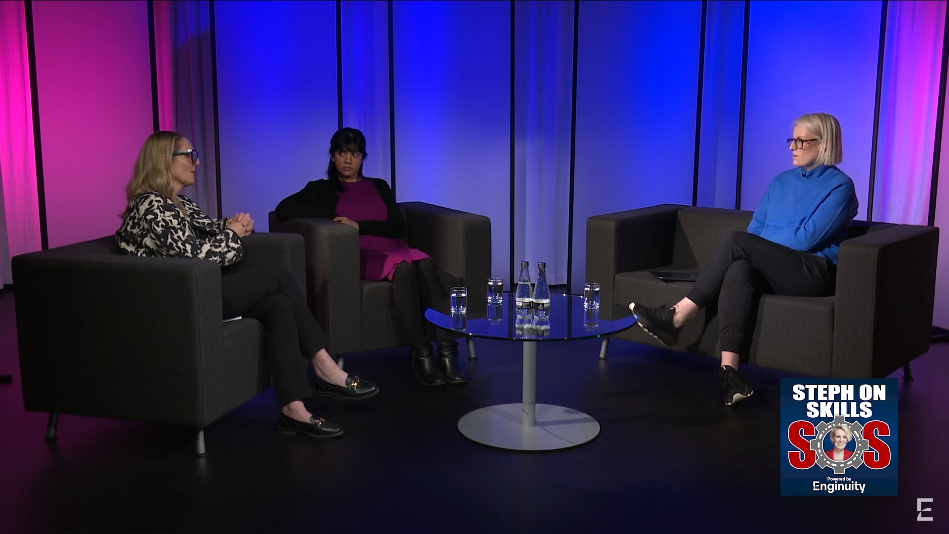 Steph McGovern sitting opposite of Teesside University's Jo Burgess, Director of Apprenticeships, and Dr Samantha Gooneratne, Principal Lecturer of Staffing and Resources in a podcasting studio