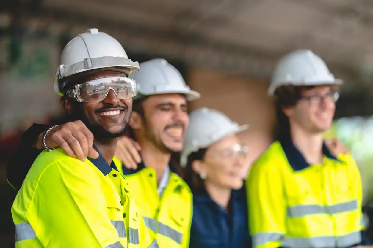 Colleagues smiling together in hard hats.