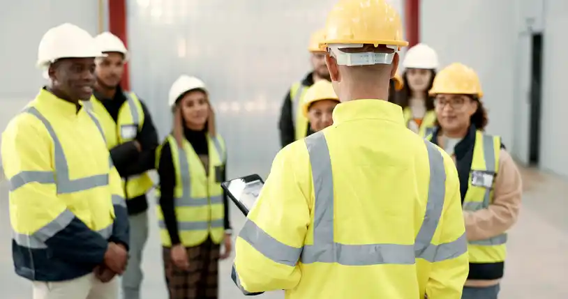 A group of people in safety helmets and yellow jackets listening to someone speaking.