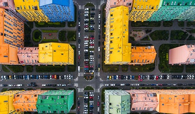 Colorful street block from above