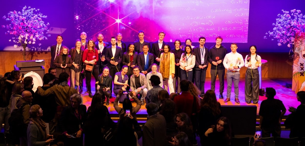 Group photo of all award winners and finalists of the VU Education Awards 2024-2025 on the Auditorium stage