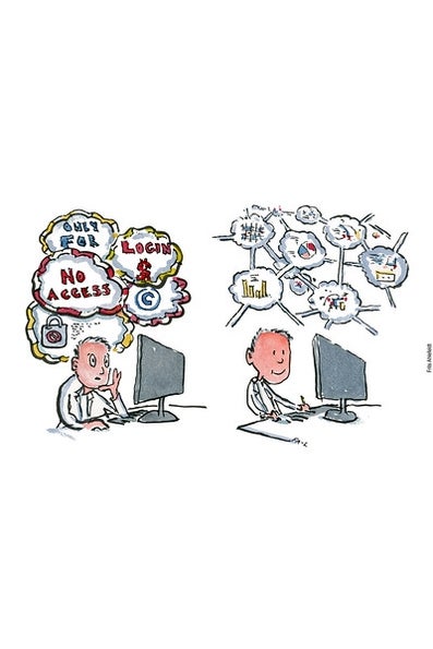Illustration showing the way towards Open Access for Open Science. Illustration made by Frits Ahlenfeldt for Liber2022 used with Creative Commons license: di01307-open-access-science-trouble-frits-ahlefeldt
