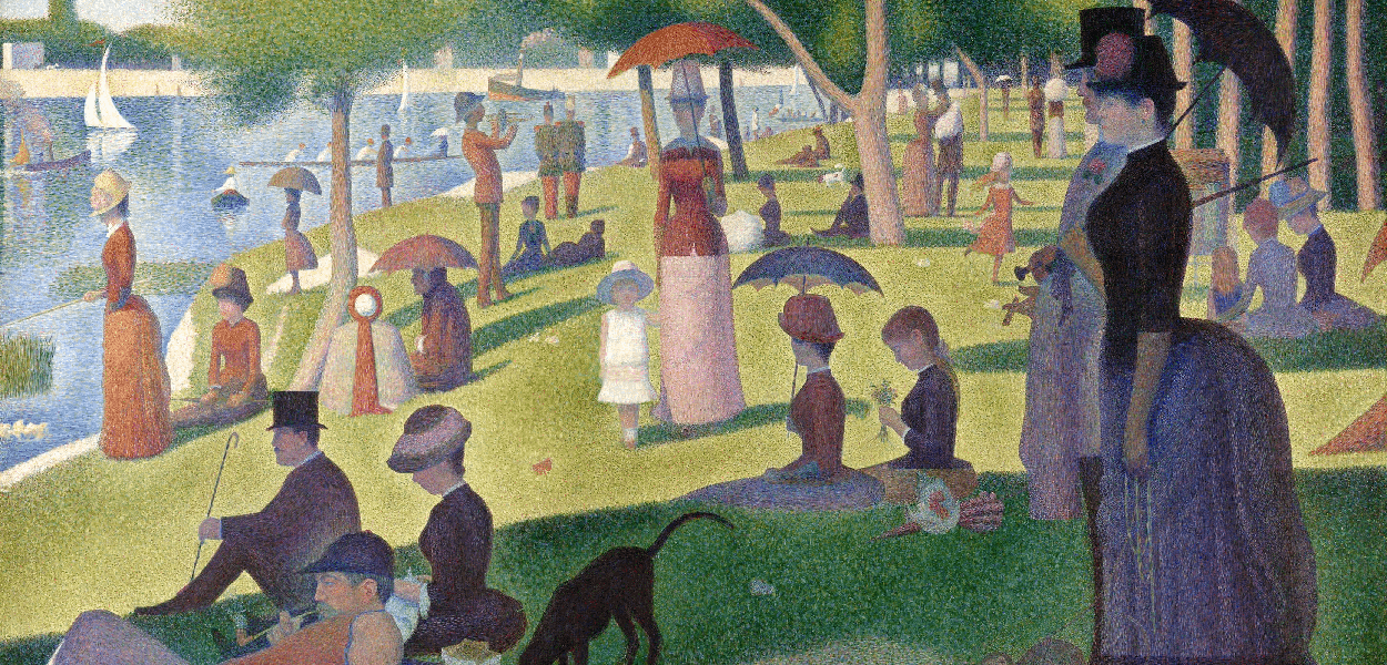 people walking en relaxing in part painting by seurat. 