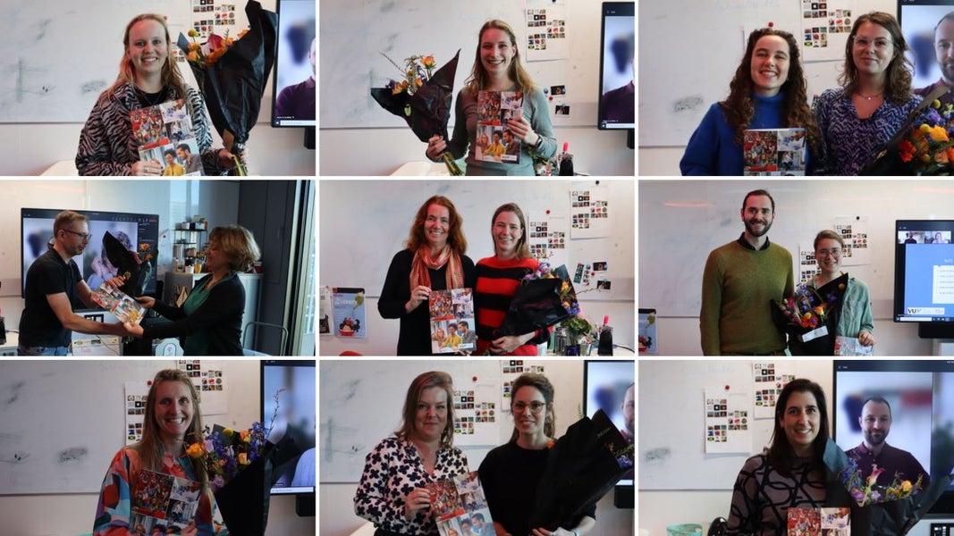 A collection of photos of people smiling as they receive a SoTL certificate and a bouquet of flowers. 