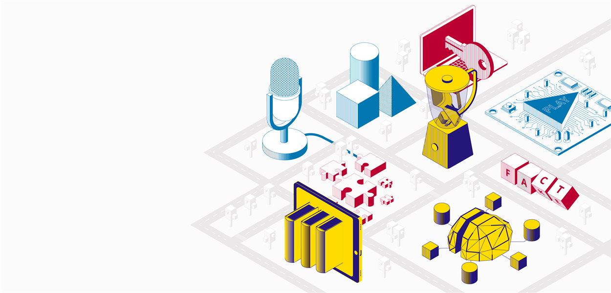 Illustratie voor de Library Academy voor docenten 2025, die de onderwerpen verbeeldt van de workshops van dit jaar