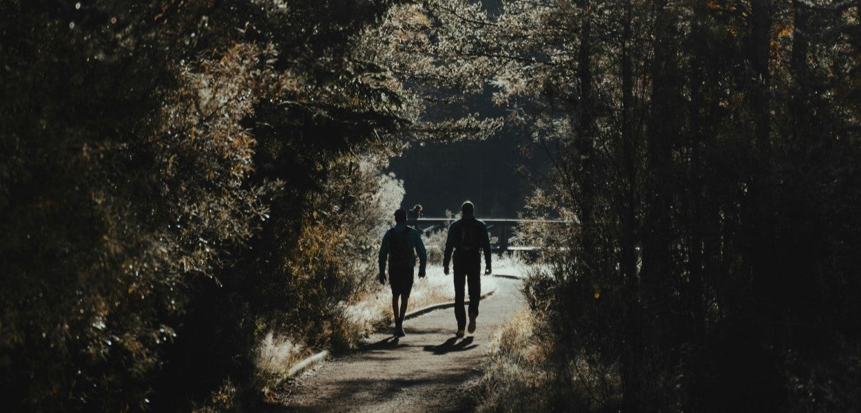 Two people walk on a path surrounded by a forest.