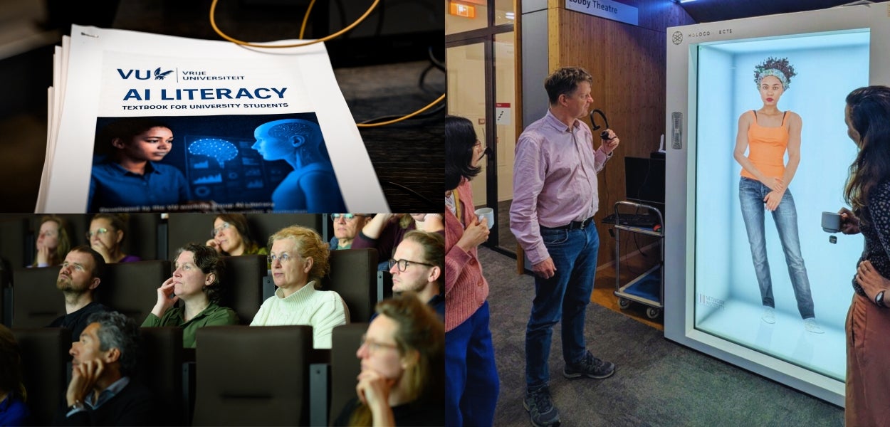 Collage van foto's van het AI Literacy-event: het AI Literacy-handboek, een theaterzaal met aandachtig luisterende mensen en een groepje mensen die rond de Holobox staan met daarin een AI-avatar