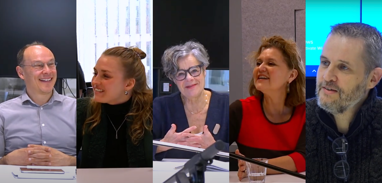 Portretten van VU-collega's Duco Bannink, Marina Bool, Therese Onderdenwijngaard, Maiza Campos Ponce en Lothar Kuijper.