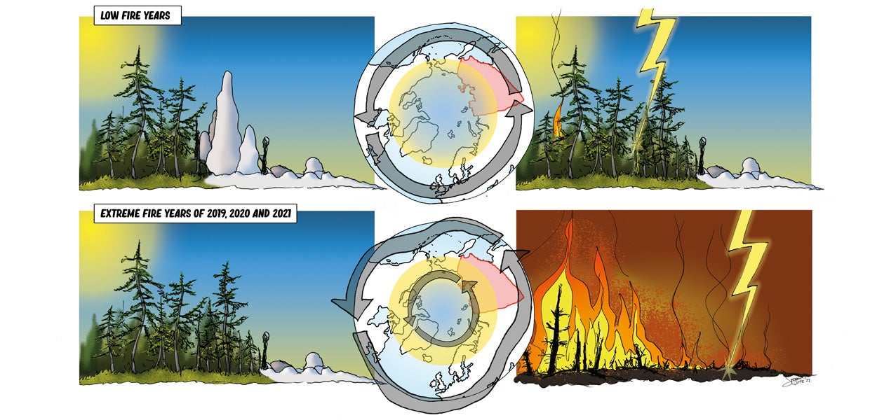 The extreme fire years of 2019, 2020 and 2021 were co-influenced by early snow melt followed by the occurrence of an Arctic front jet. Copyright: Stefan Witte Fotografie.