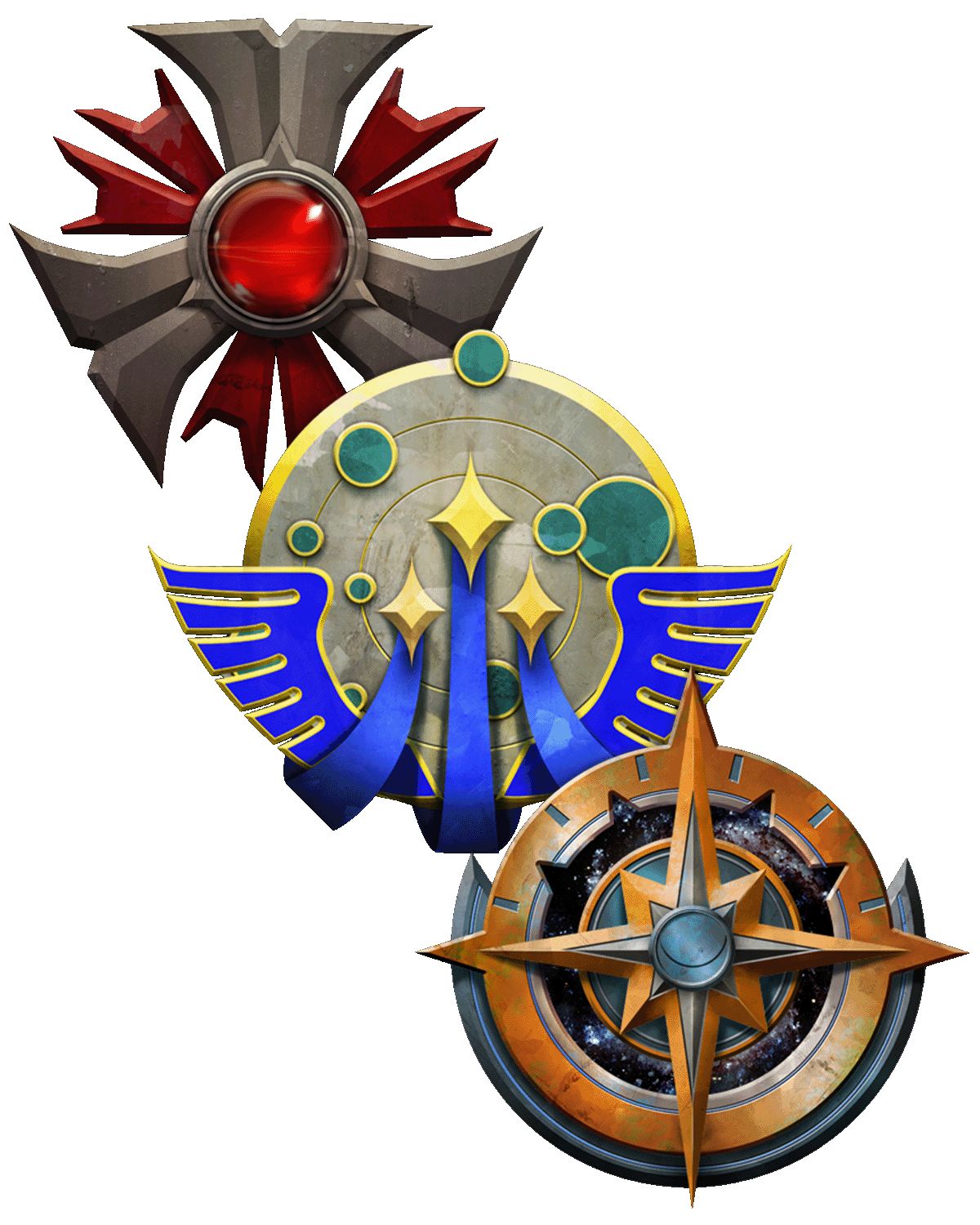 Three Starfinder Organization symbols. The symbol in the top left corner, is a round red jewel with three grey points sticking out of its sides. Between each of the grey points, is a red point. The middle symbol is a metallic circle dotted with teal points to represent a galaxy map. Overlayed over the circle is three yellow diamonds with blue trials and wings wrapped around the outside. The third symbol is a round compass with a galaxy inset in the background behind the overlayed points.