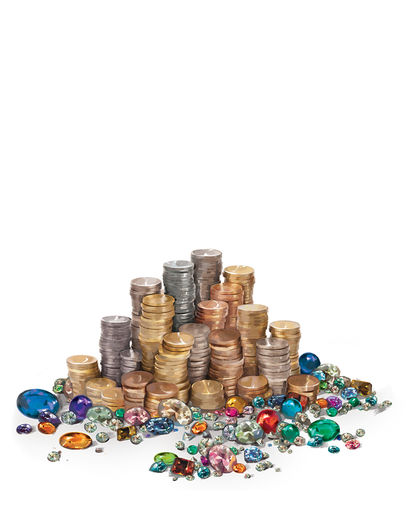 A pile of different colored coins and jewels
