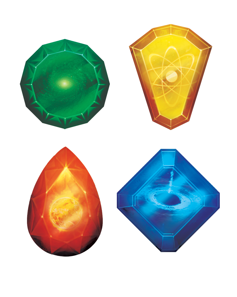 different colored multi-sided gems with different symbols in the center
