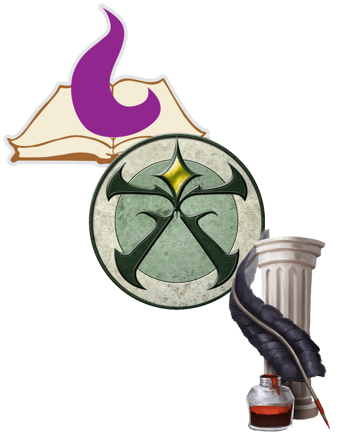 Three Pathfinder Society Faction icons. The top left icon is of an open book with a purple flame hovering over it. The second icon is a green circle with a green winged yellow diamond in the center. The third icon is of a marble column behind a black quill with red ink.
