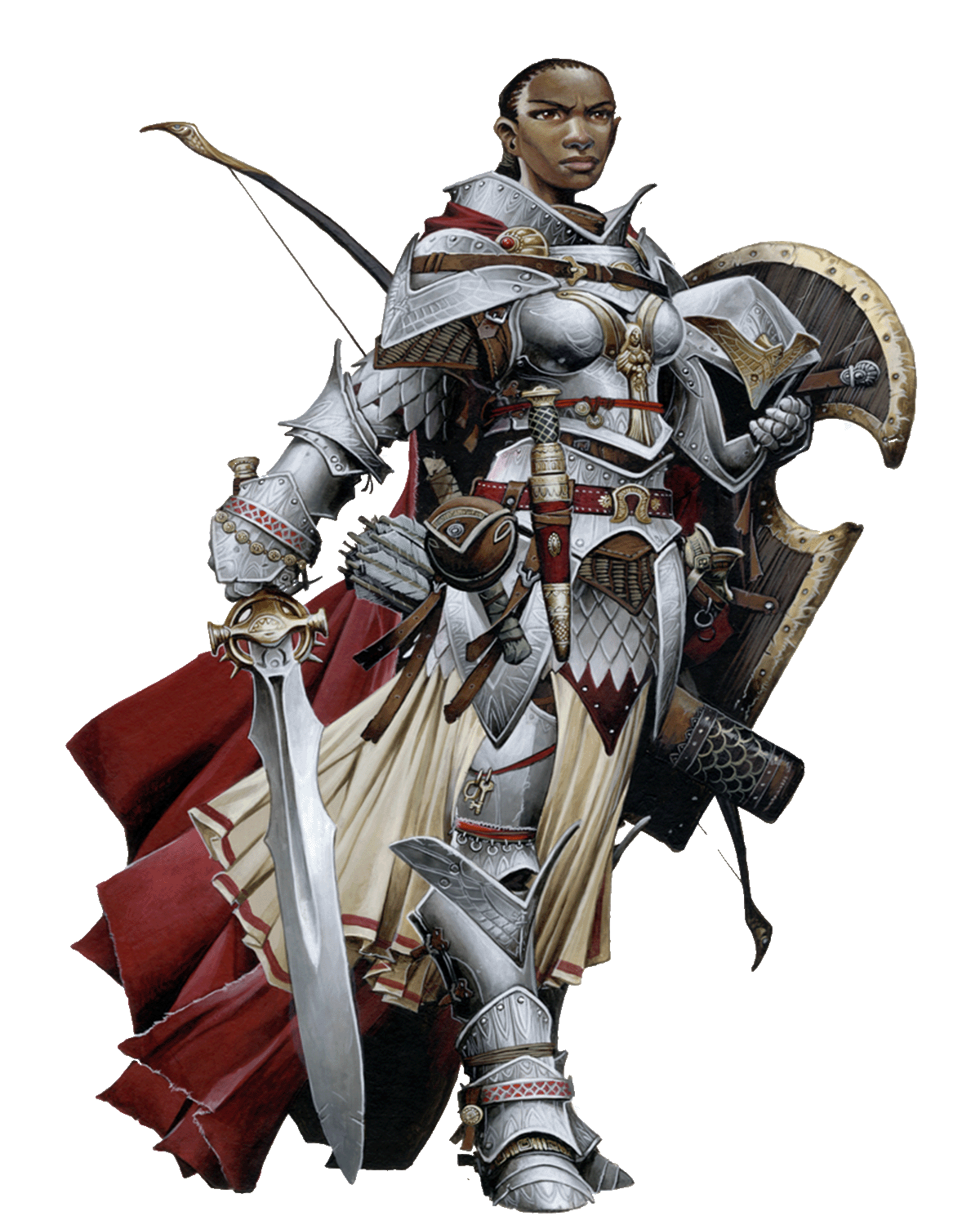 Iconic Champion, Seelah. A dark skinned woman dressed in full plate armor, wielding a sword and shield