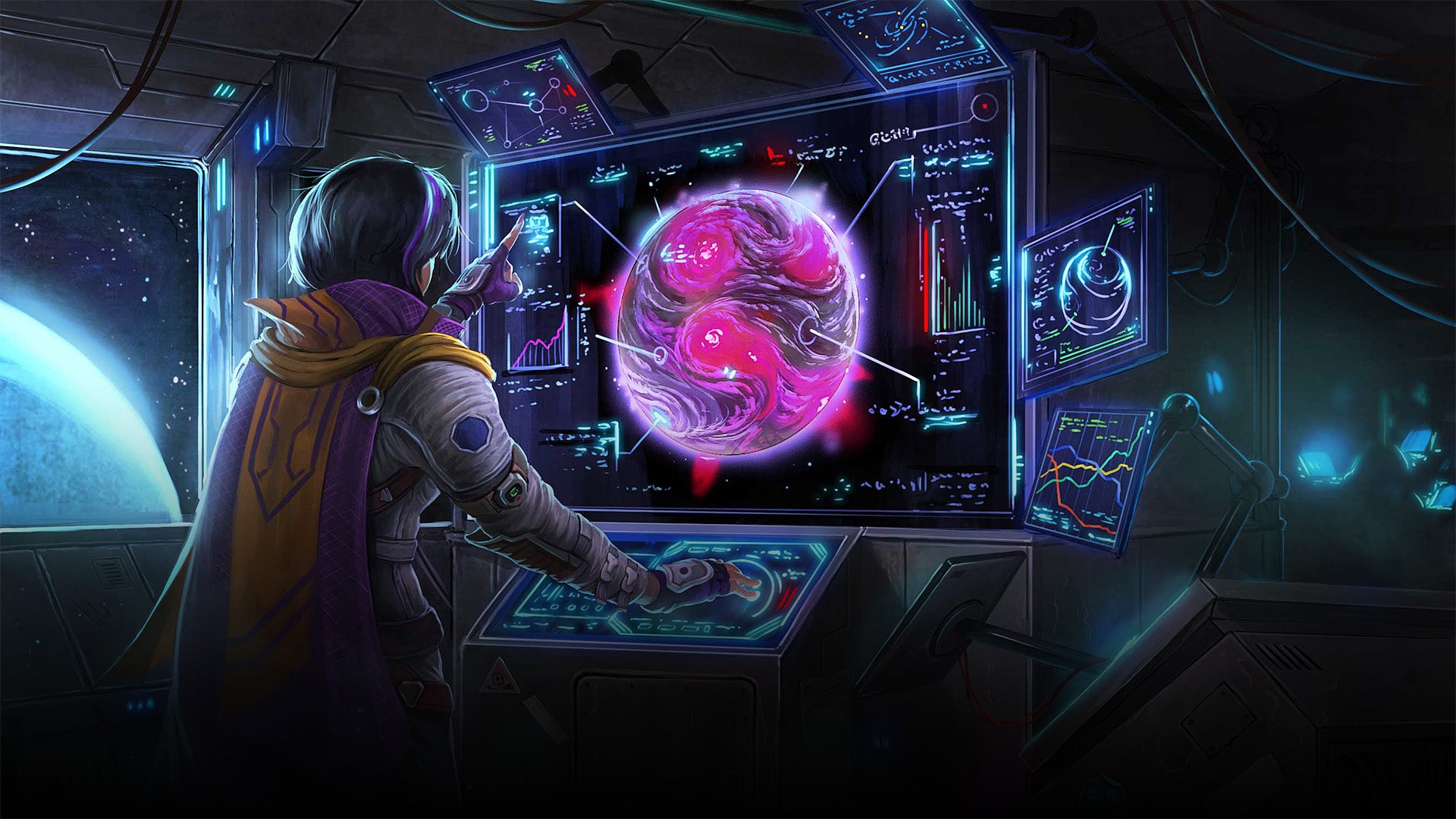 Starfinder iconic envoy, Navasi, a human with short black and purple hair, standing at a computer console looking at the schematics of a planet 