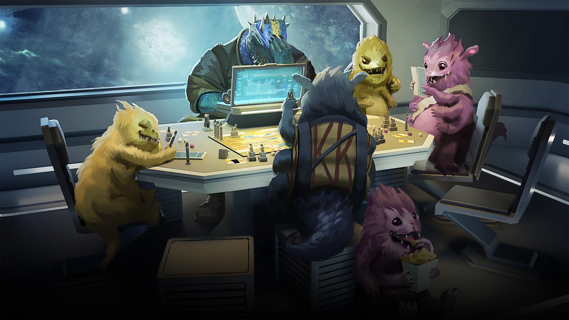 A group of skittermanders sit at a table playing an rpg game, while their vesk game master puts a hand on their face in distress