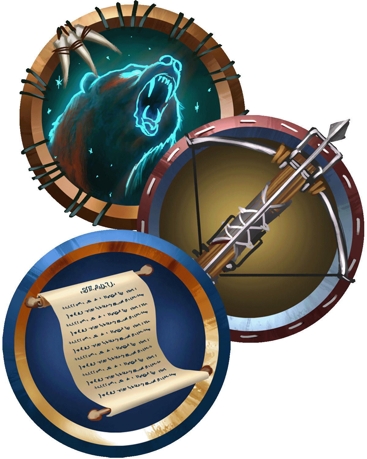 Three Adventure Card Game Class Deck Icons. The top left is the Barbarian Icon, featuring the glowing outline of a roaring bear. The second icon is the Ranger Icon featuring a loaded crossbow. The third icon is the Wizard icon, featuring an unrolled scroll covered in text.