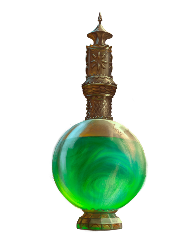 A swirling green potion in a glass bottle decorated with brass accents