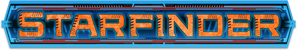 Starfinder logo: orange text over a blue background