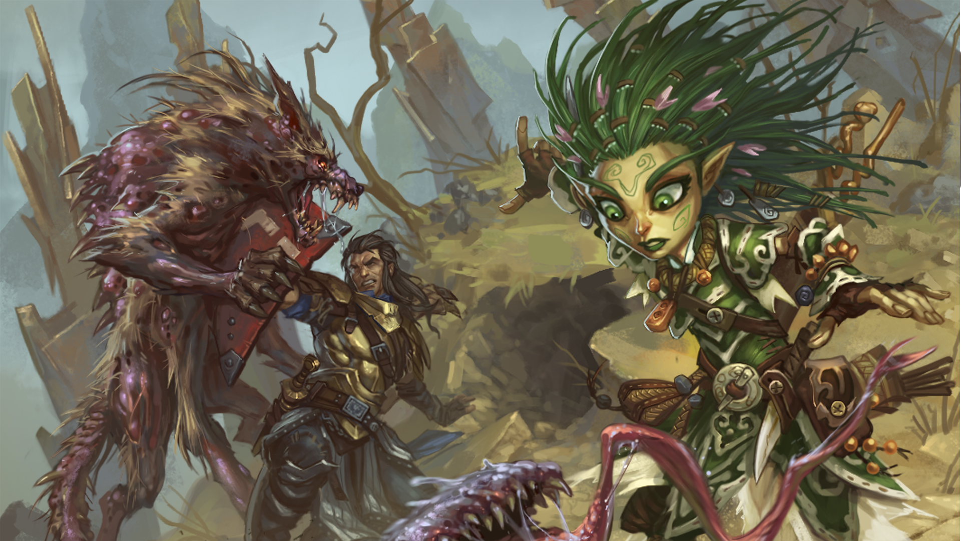Rusthenge Covert Art: Iconics Lini and Valeros fighting off monsters in a ruined forest