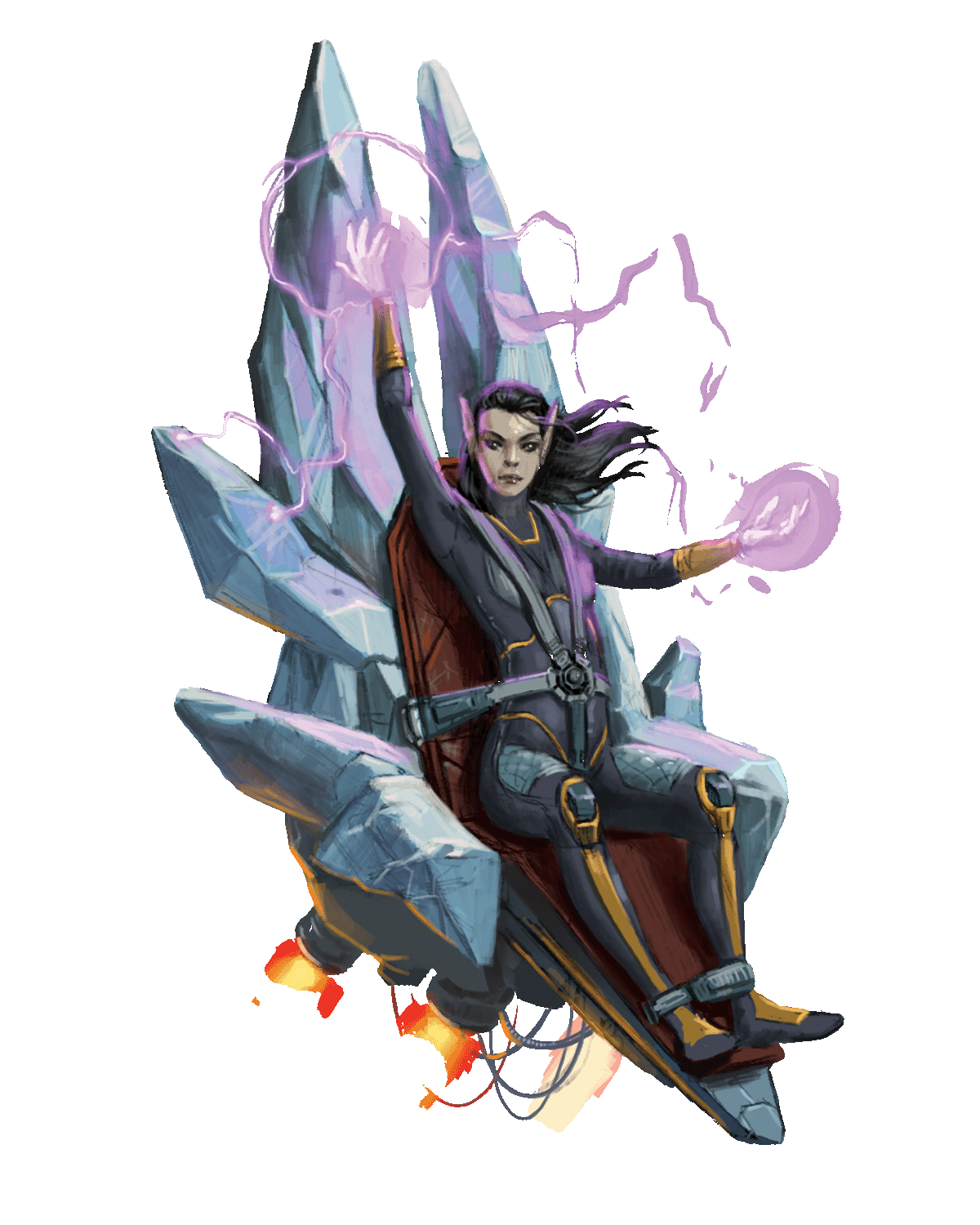 Starfinder iconic precog, Ciravel, dressed in a black and gold spacesuit and sitting in a floating chair to assist with mobility. She is lifting her hands to summon purple magic, it lights up her hands and the atmosphere around her head.