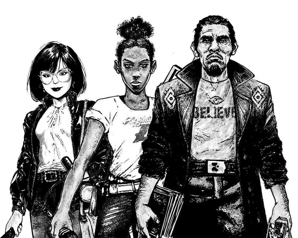 A group of three people standing together looking towards the viewer. On the right is a man holding a book and wearing a shirt that says "believe". In the center is a skinned woman with her hair pulled back, a toolbelt on her hips, and a camera in her hand. On the left is a woman with large glasses, wearing a nice blouse and blazer, with a microphone in her hand.
