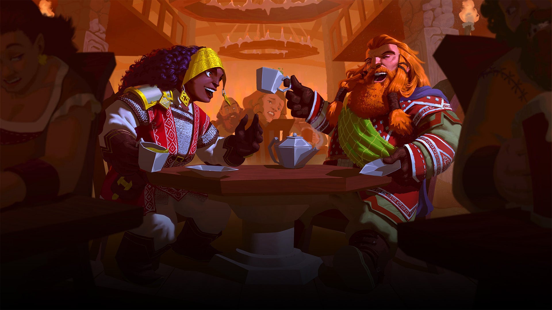 Iconic gunslinger, Nhalmika Ironsight, a dark skinned dwarf dressed in fine adventurers clothes, and iconic ranger, Harsk, a light skinned red headed dwarf wearing leather adventuring gear, sit in a tavern, laughing and talking while they share a pot of tea.