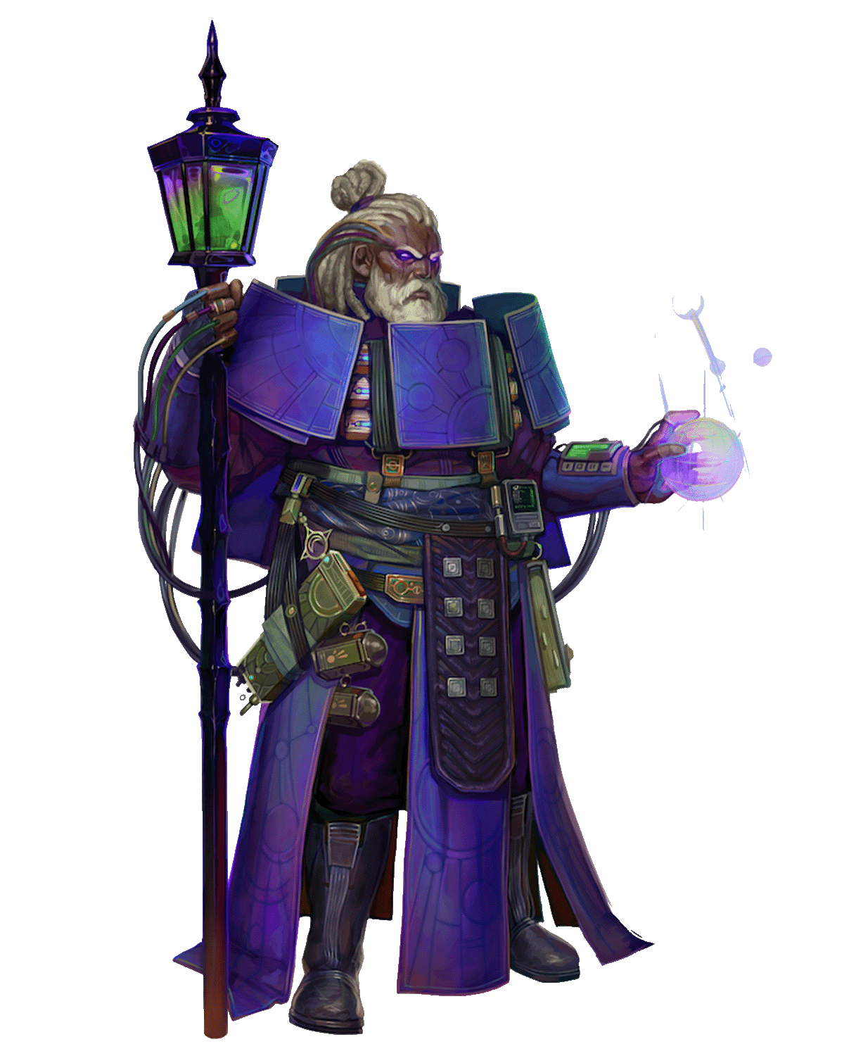 Starfinder Second Edition Iconic Witchwarper, Zemir. Zemir is a dark skinned human mail, dressed in purple robes and armor. He holds a staff in one hand, with a glowing green lamp at the top of it. He is summoning magic in his other hand.