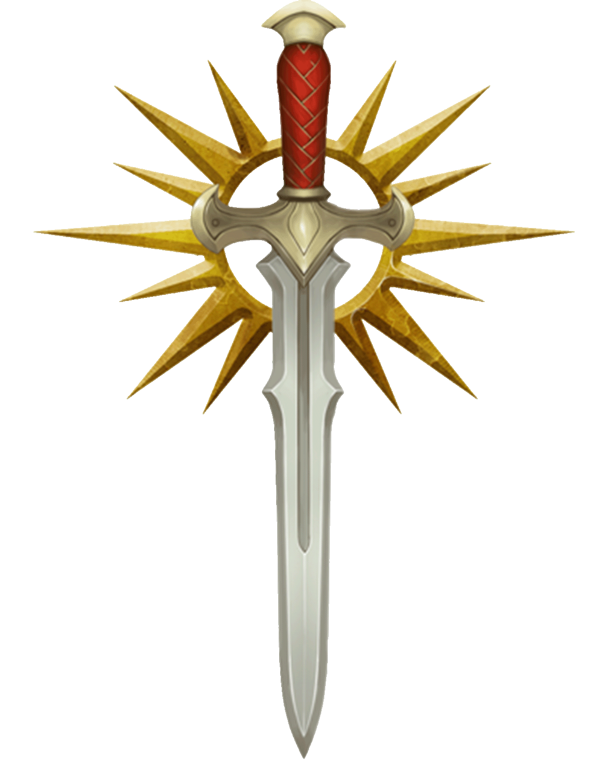 A religious symbol featuring a dagger pointing down, in front of a metallic sunburst