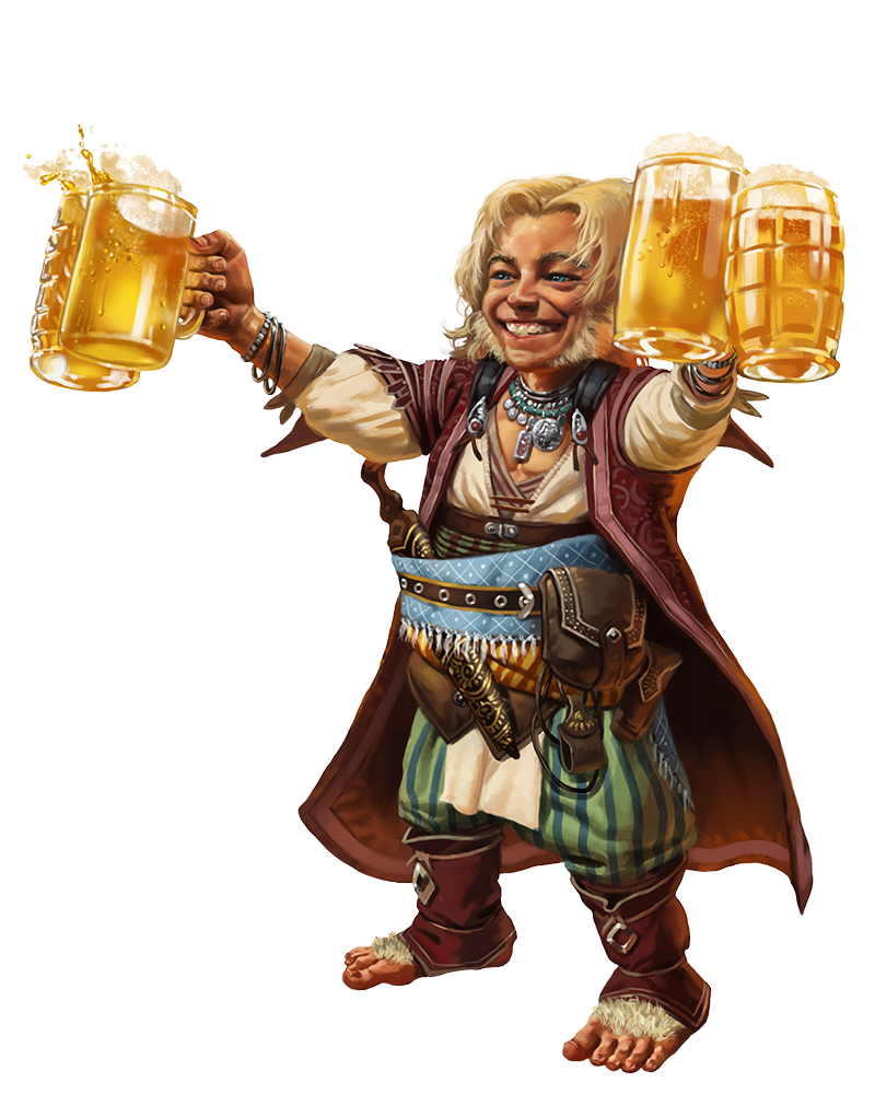 Pathfinder iconic bard, Lem, holding up four pints of ale, holding two glasses in each hand