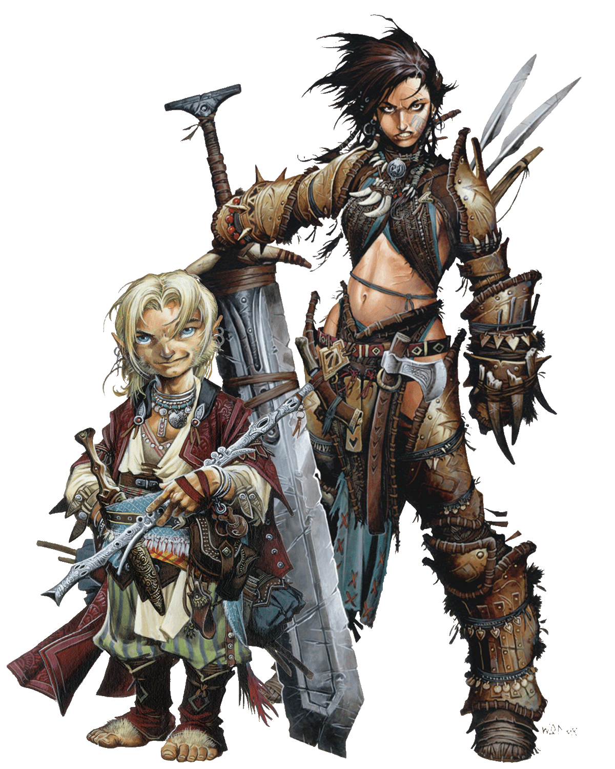 Lem, the iconic bard and Amiri the iconic barbarian, standing with their chosen tools of the trade. Lem casually holds a flute while Amiri is at the ready with her large, great sword