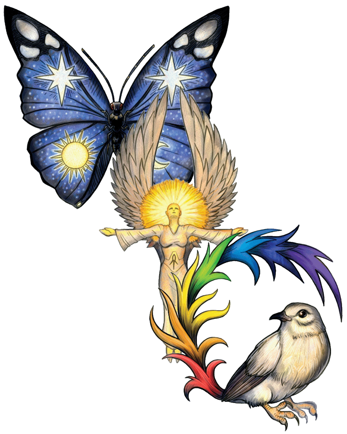 Three Pathfinder religious symbols for different deities. The symbol in the top left is a blue butterfly decorated with a sun, a crescent moon, and stars. The second symbol in the middle is a golden humanoid figure with feathered wings. The third symbol in the bottom right corner is a small white bird with a long rainbow feathered tail