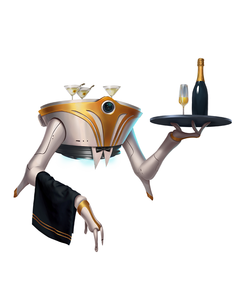 a floating droid holding a serving tray with a champagne bottle and glasses
