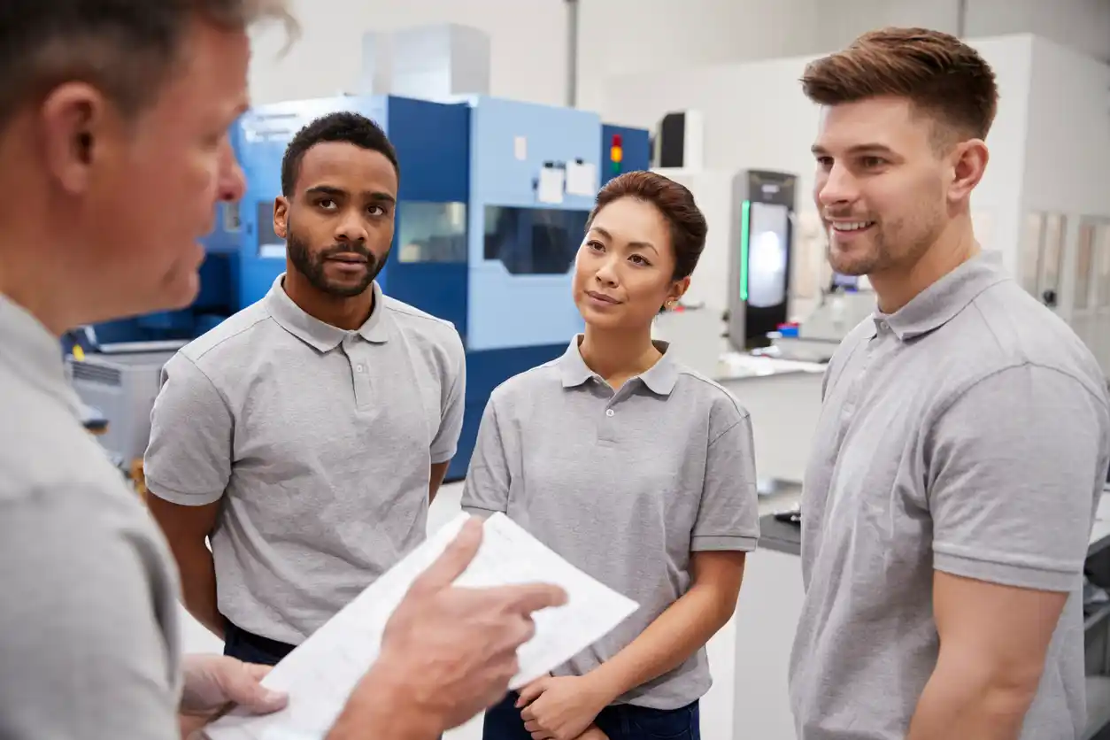Engineering Team Meeting On Factory Floor Of Busy Workshop stock photo