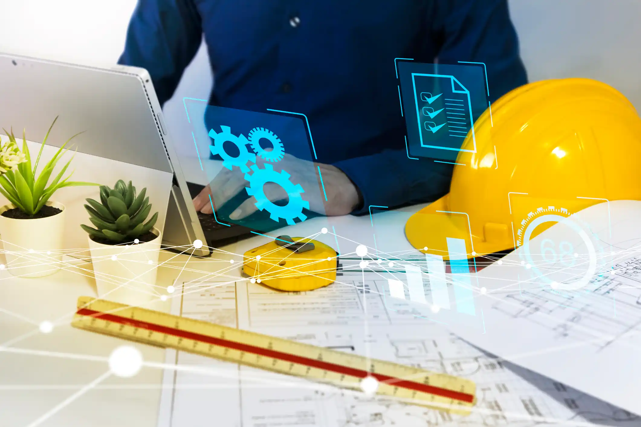 Engineer Troubleshooting and Management, House plans, construction business and real estate stock photo